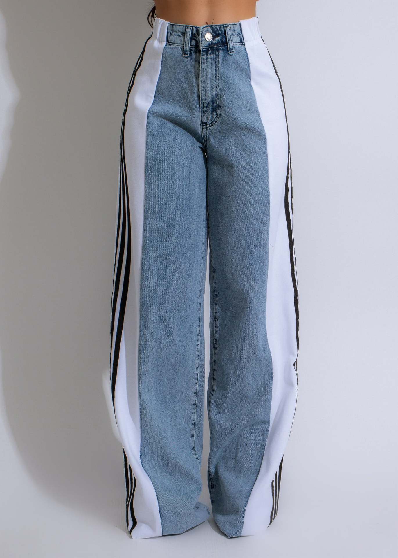 High Waist Straight Leg Denim Trousers: Three Stripe Patchwork Wide Leg Style