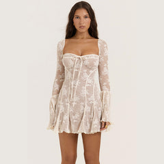 Lace Square Collar Dress Bell-bottom Long Sleeve Tied A- Line Dresses