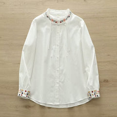 Elegant Ethnic Style Long Sleeve Shirt with Embroidered Knot Button