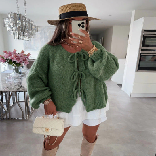 Fashion Round Neck Long Sleeve Top Lace-up Sweater