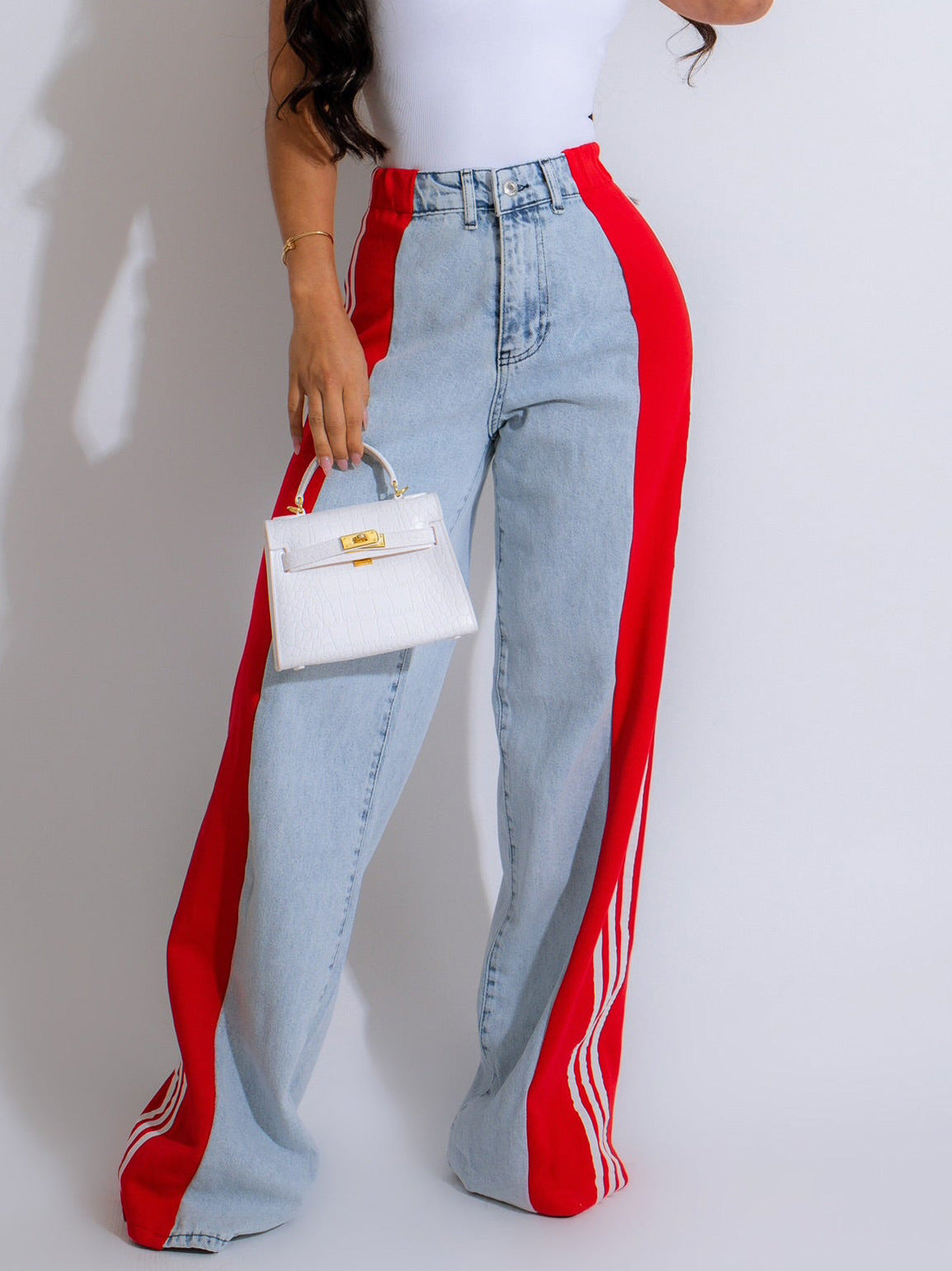 High Waist Straight Leg Denim Trousers: Three Stripe Patchwork Wide Leg Style