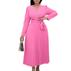 Plus Size Long Sleeve Lace-Up V-Neck Dress