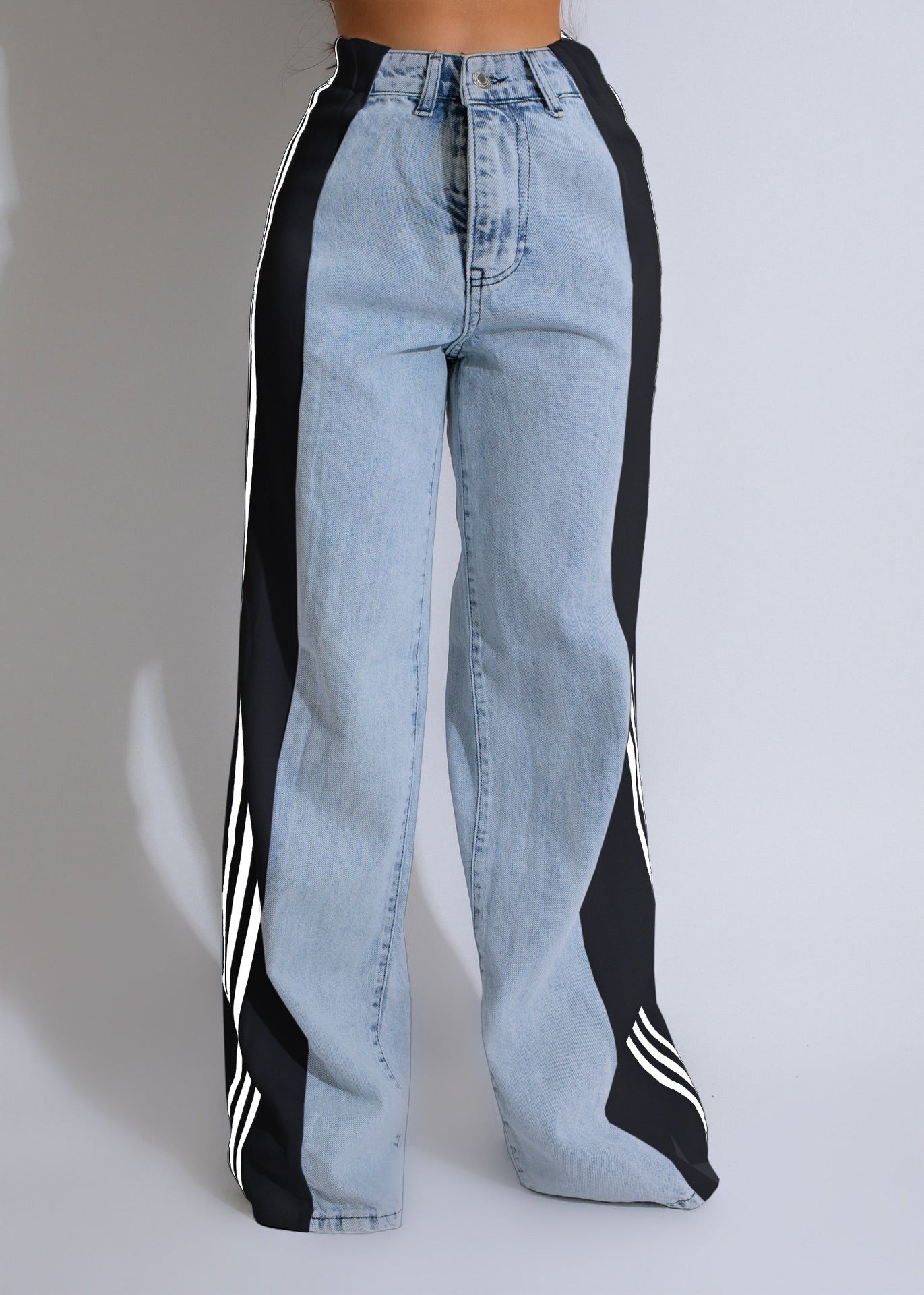 High Waist Straight Leg Denim Trousers: Three Stripe Patchwork Wide Leg Style