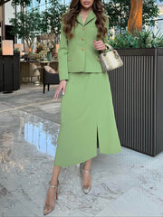 Stylish Solid Color Suit Set: Blazer and Slit Skirt