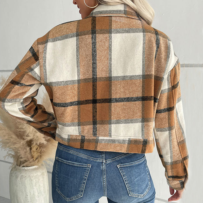 Plaid Lapel Cropped Jacket with Pockets - Fashion Button Long Sleeve