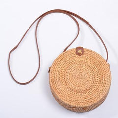 Handwoven Round Rattan Bag Women Beach Straw Crossbody Bag Chic Shoulder Bag with Leather Strap