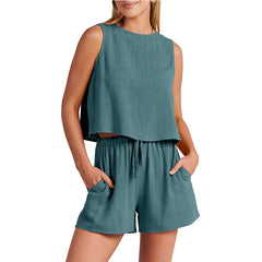 Stylish Women's 2-Piece Summer Set: Sleeveless Tops & Drawstring Shorts