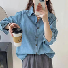 Trendy Blue Denim Long-Sleeve Shirt Jacket for Women