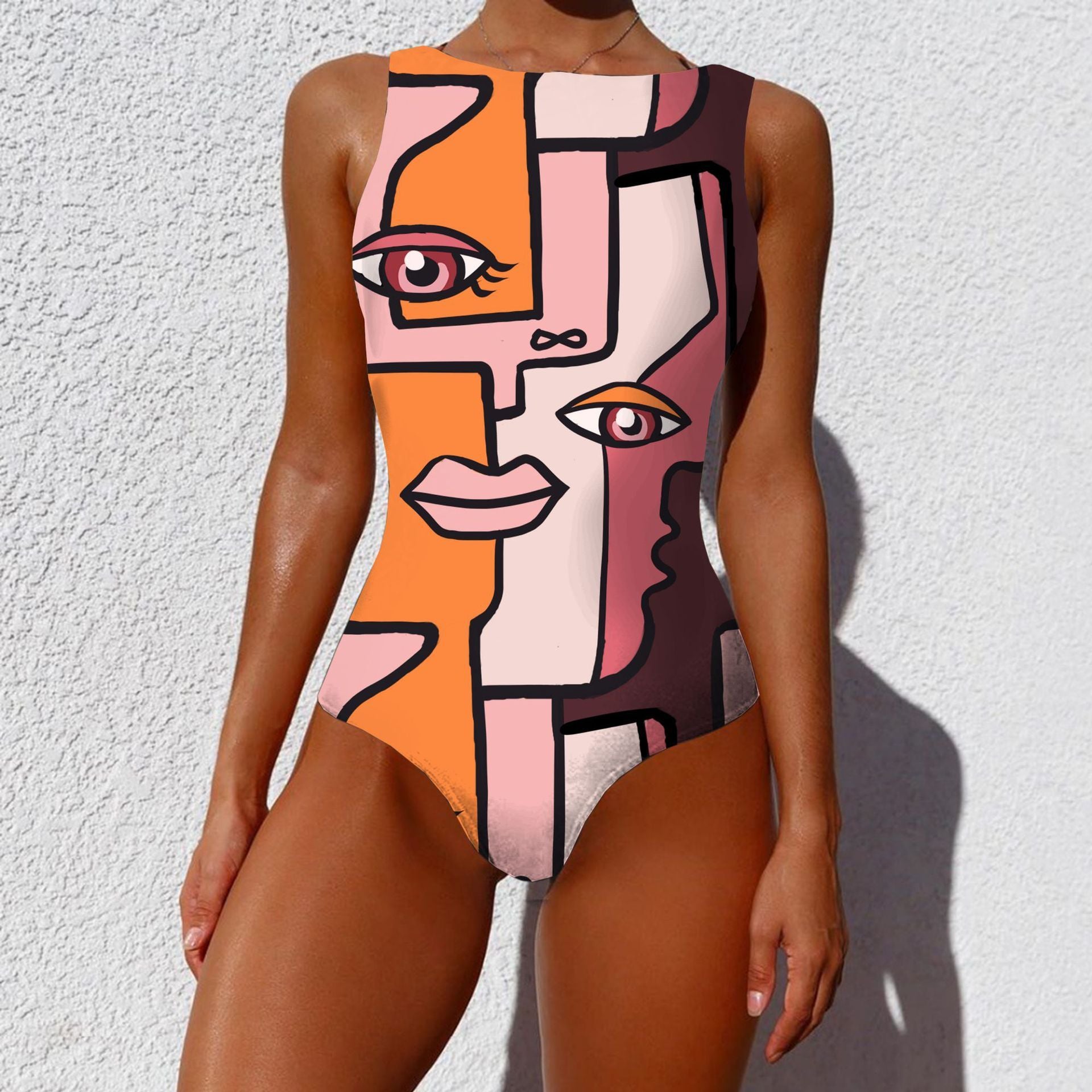 Vintage Abstract Print One-Piece Swimsuit: Fashionable Sleeveless Summer Swimwear