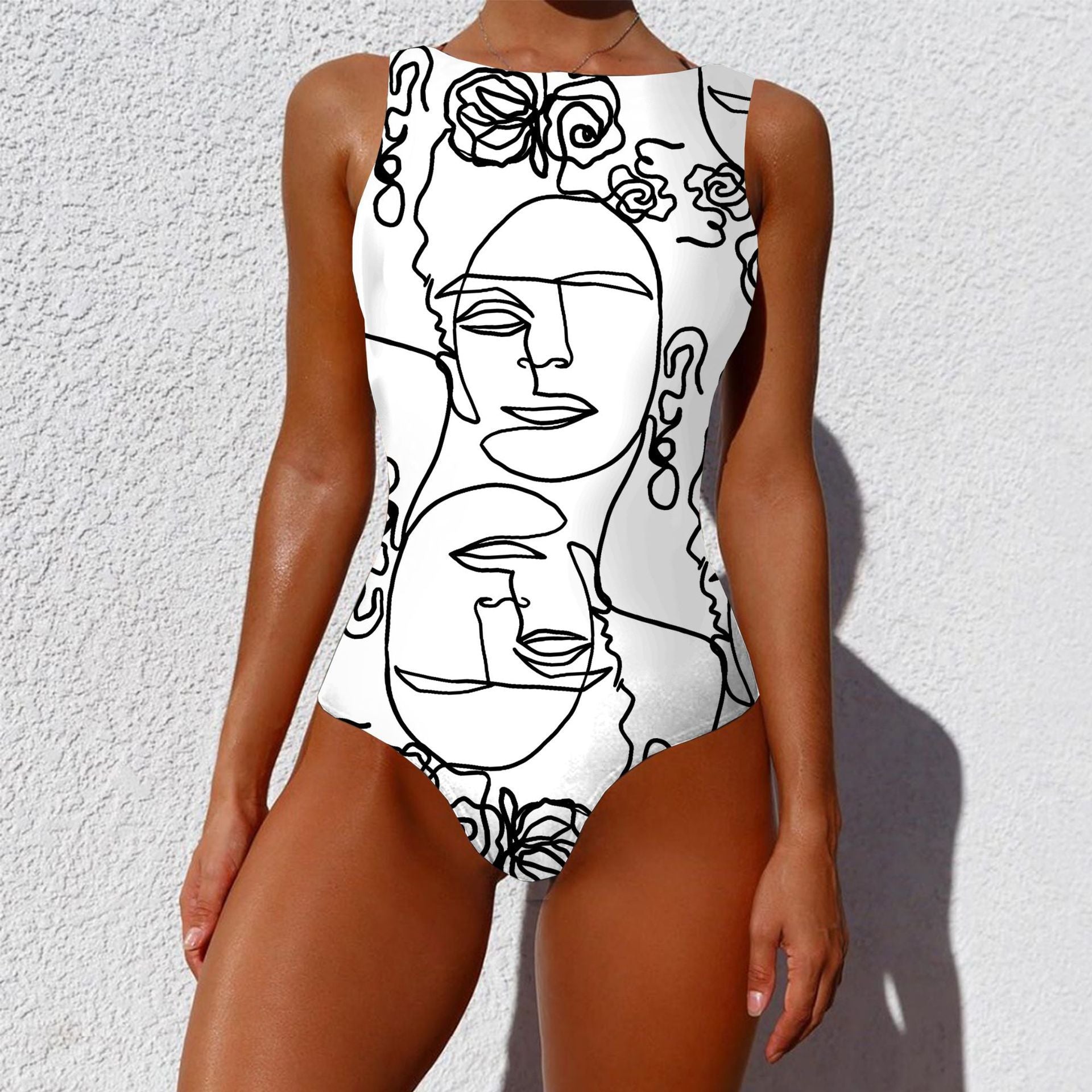 Vintage Abstract Print One-Piece Swimsuit: Fashionable Sleeveless Summer Swimwear