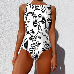 Vintage Abstract Print One-Piece Swimsuit: Fashionable Sleeveless Summer Swimwear