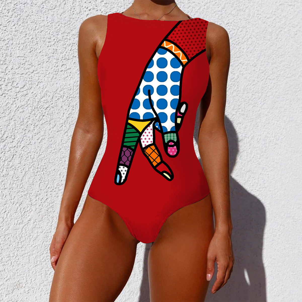 Vintage Abstract Print One-Piece Swimsuit: Fashionable Sleeveless Summer Swimwear