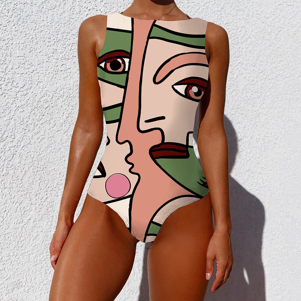 Vintage Abstract Print One-Piece Swimsuit: Fashionable Sleeveless Summer Swimwear