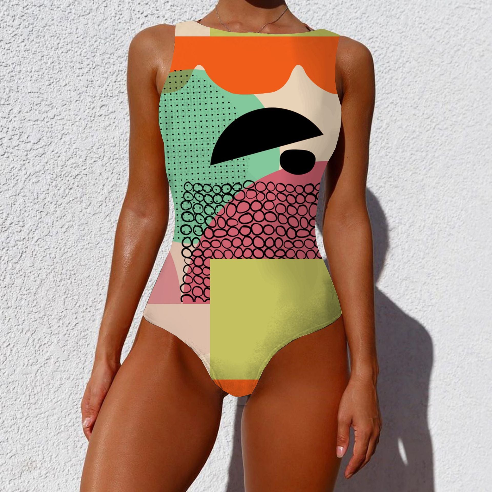 Vintage Abstract Print One-Piece Swimsuit: Fashionable Sleeveless Summer Swimwear