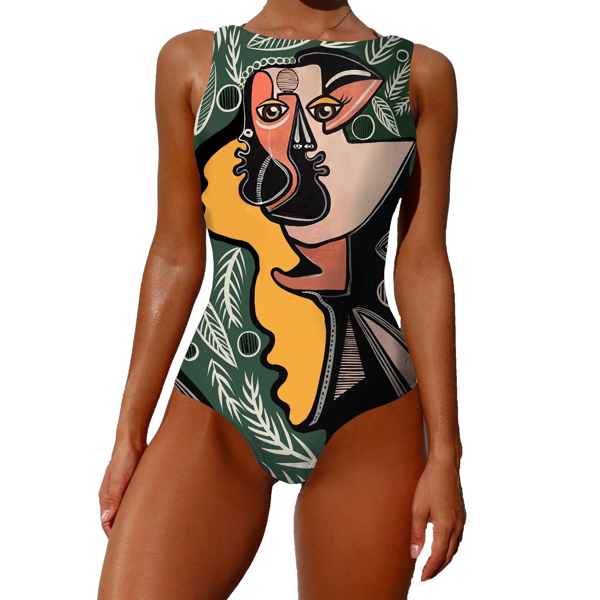 Vintage Abstract Print One-Piece Swimsuit: Fashionable Sleeveless Summer Swimwear