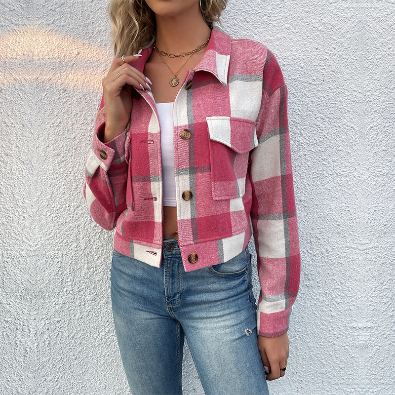 Plaid Lapel Cropped Jacket with Pockets - Fashion Button Long Sleeve