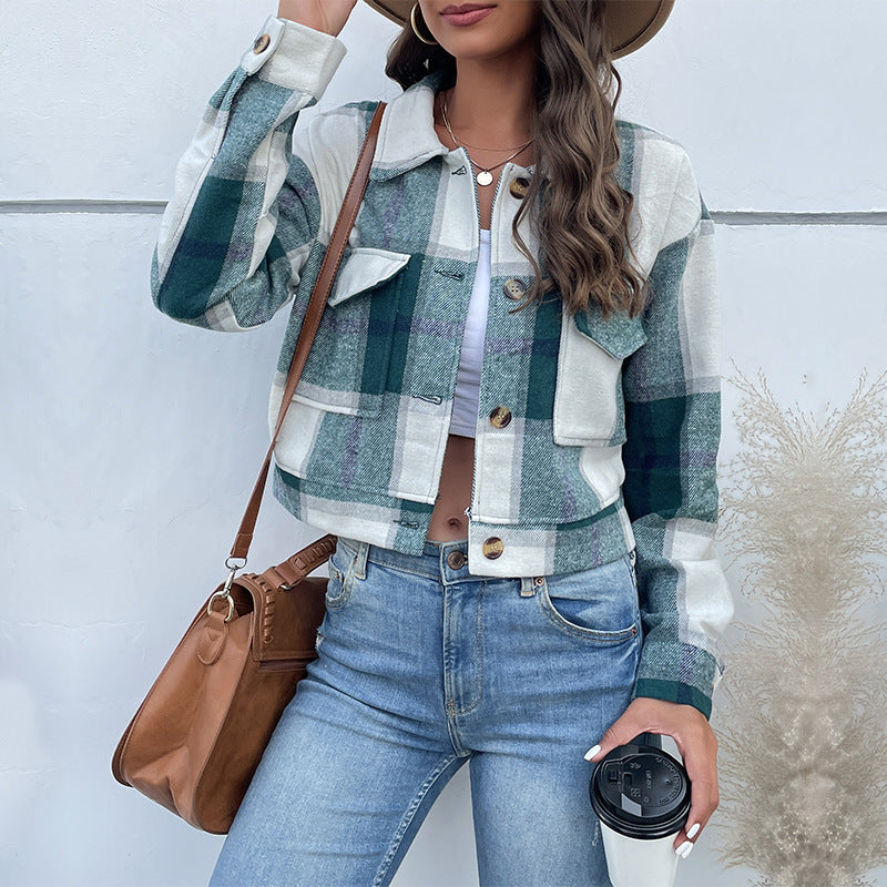 Plaid Lapel Cropped Jacket with Pockets - Fashion Button Long Sleeve