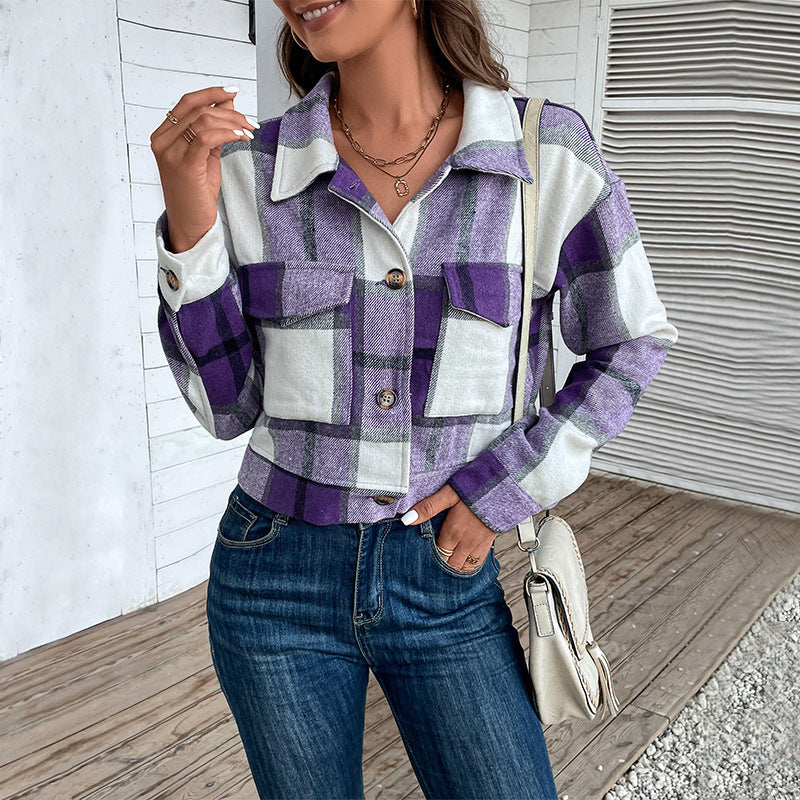 Plaid Lapel Cropped Jacket with Pockets - Fashion Button Long Sleeve