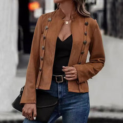 Women's Retro Suede Double-Breasted Jacket - Decorative Design Long Sleeve Coat