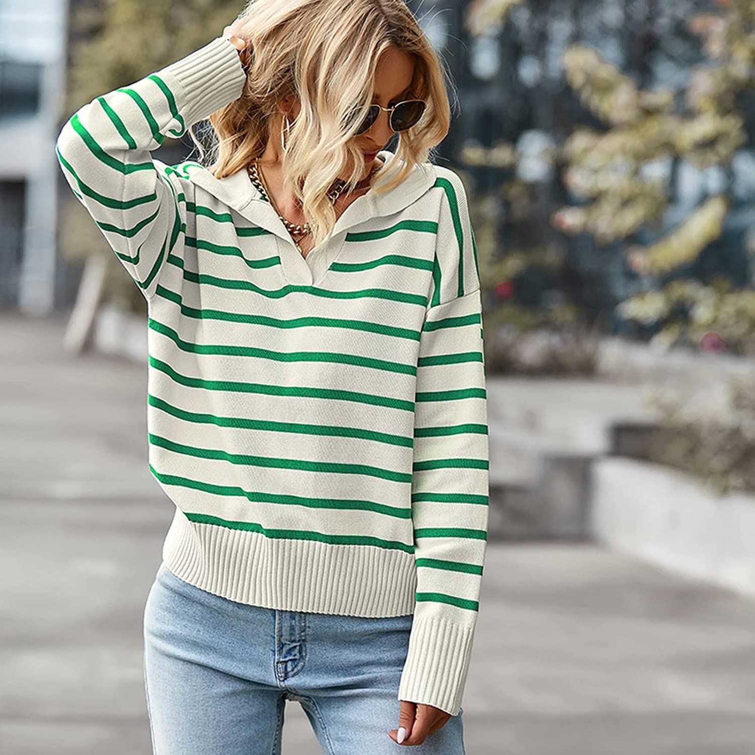 Casual V-neck Lapel Striped Sweater Fashion Long Sleeve Tops