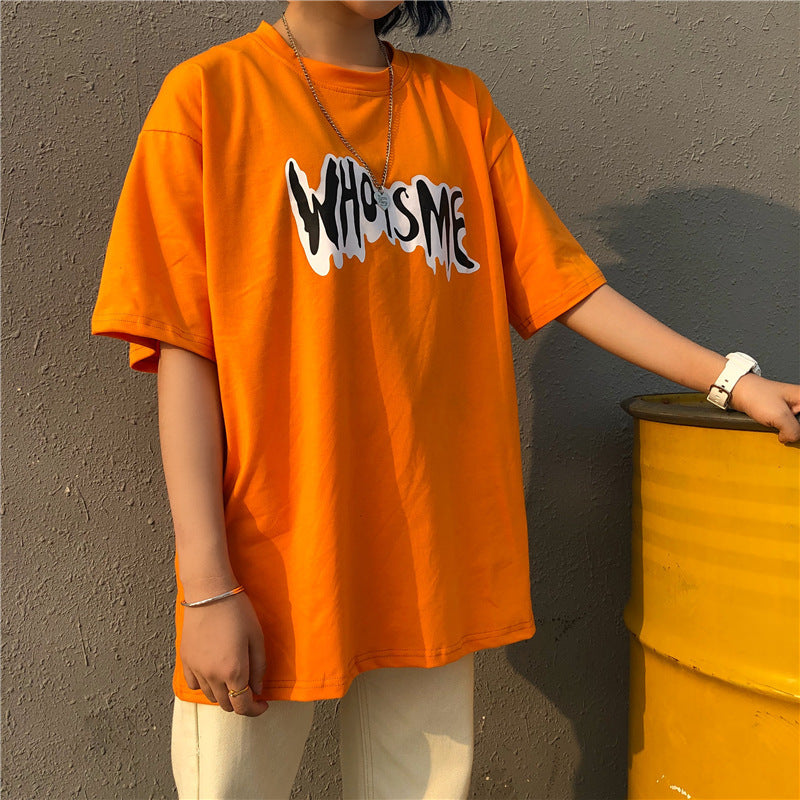 Trendy Orange Letter & Figure Print T-Shirts