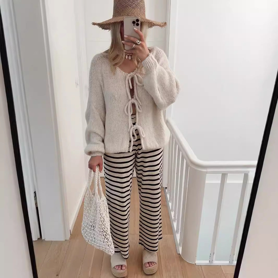 Fashion Round Neck Long Sleeve Top Lace-up Sweater