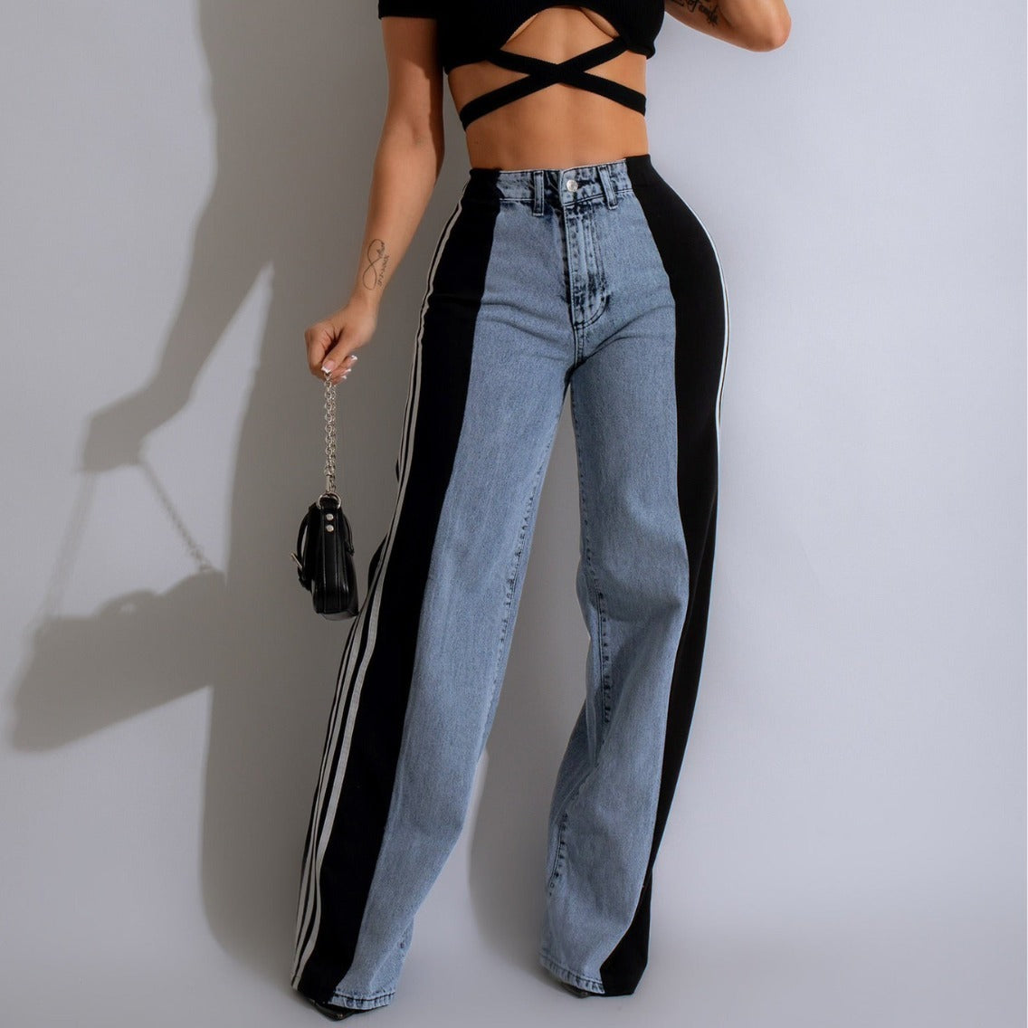 High Waist Straight Leg Denim Trousers: Three Stripe Patchwork Wide Leg Style