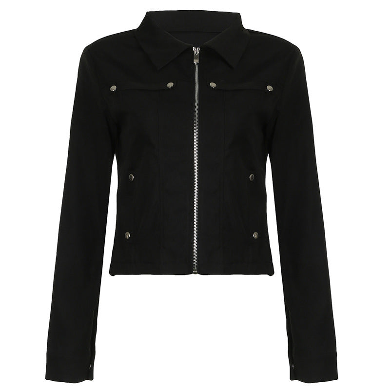 Stylish Women's Heavy-Duty Fashion Jacket with Stand Collar and Zipper Pockets