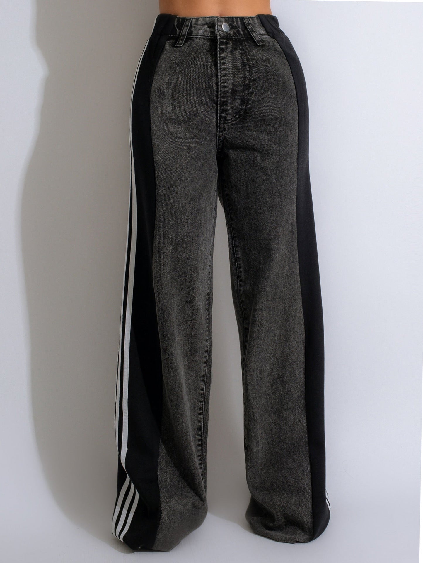 High Waist Straight Leg Denim Trousers: Three Stripe Patchwork Wide Leg Style