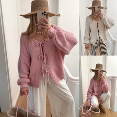 Fashion Round Neck Long Sleeve Top Lace-up Sweater