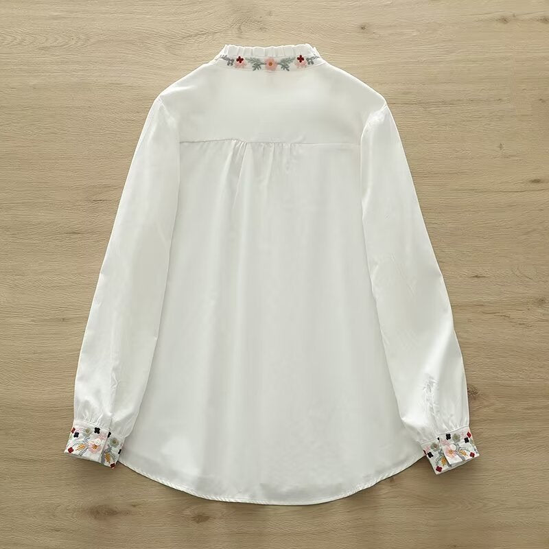 Elegant Ethnic Style Long Sleeve Shirt with Embroidered Knot Button