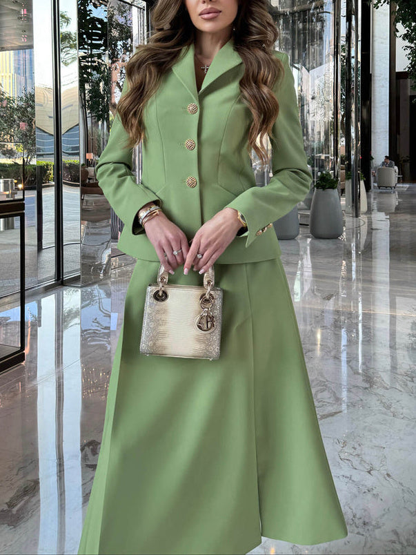 Stylish Solid Color Suit Set: Blazer and Slit Skirt