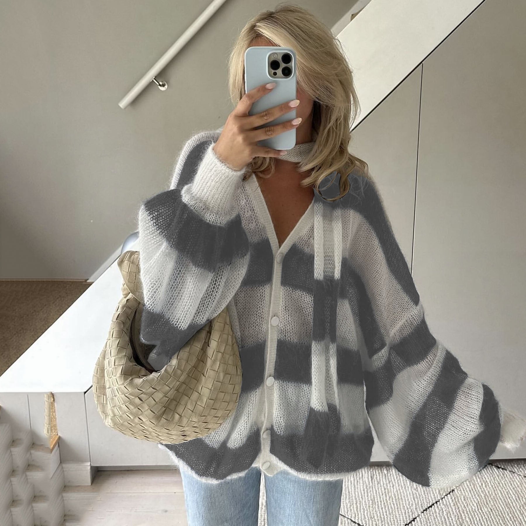 Cozy Loose Striped Sweater Cardigan with Scarf