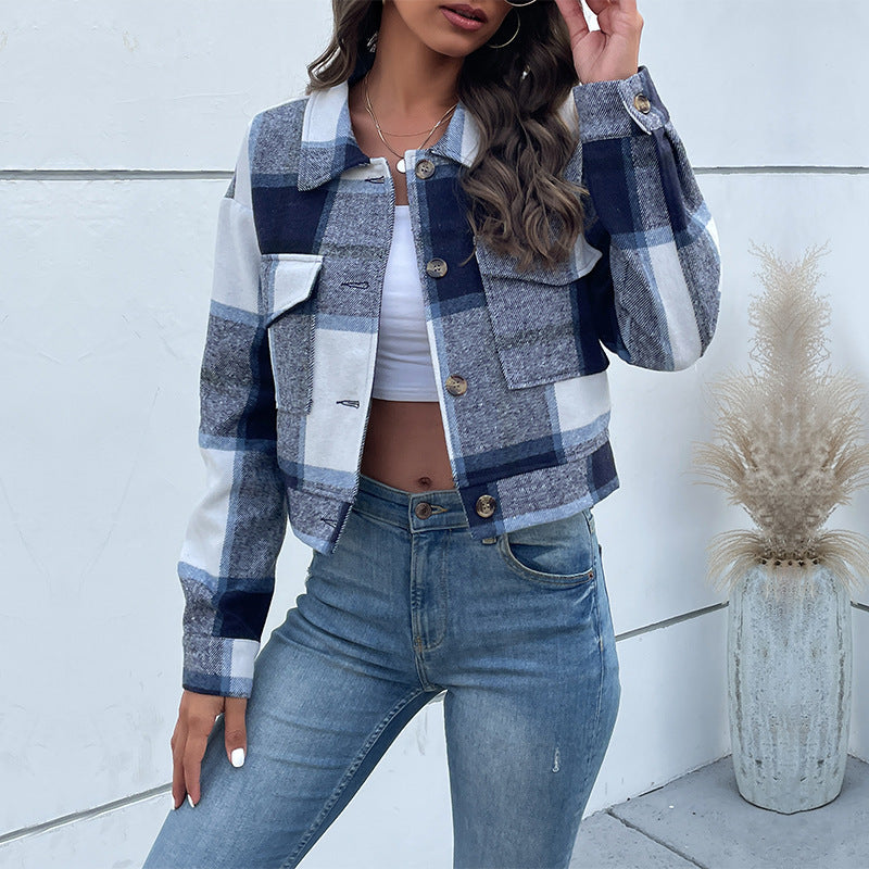 Plaid Lapel Cropped Jacket with Pockets - Fashion Button Long Sleeve