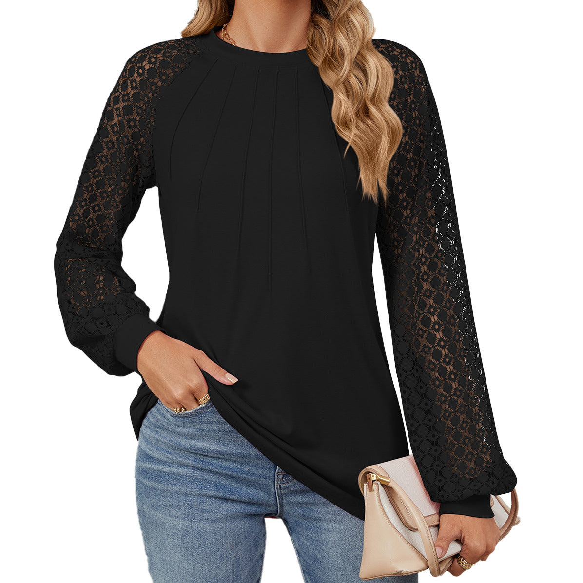 New Lace Long Sleeve Round Neck T-shirt Fashion Loose Solid Color Pullover Top