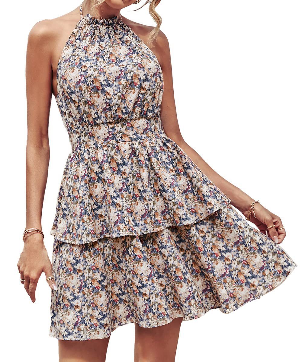 Boho Backless Summer Printed Halter Dress – Ruffled A-Line Beach Style for Women