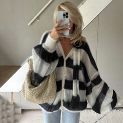 Cozy Loose Striped Sweater Cardigan with Scarf