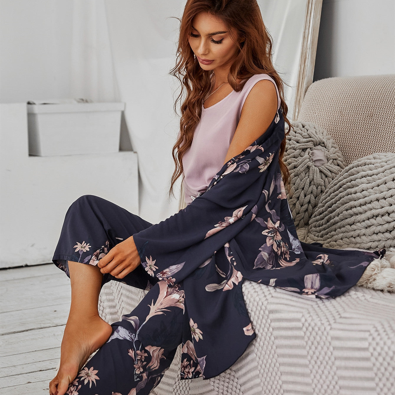 Women's Floral Printed Pajama Set | Loose Viscose Sleepwear Nightwear