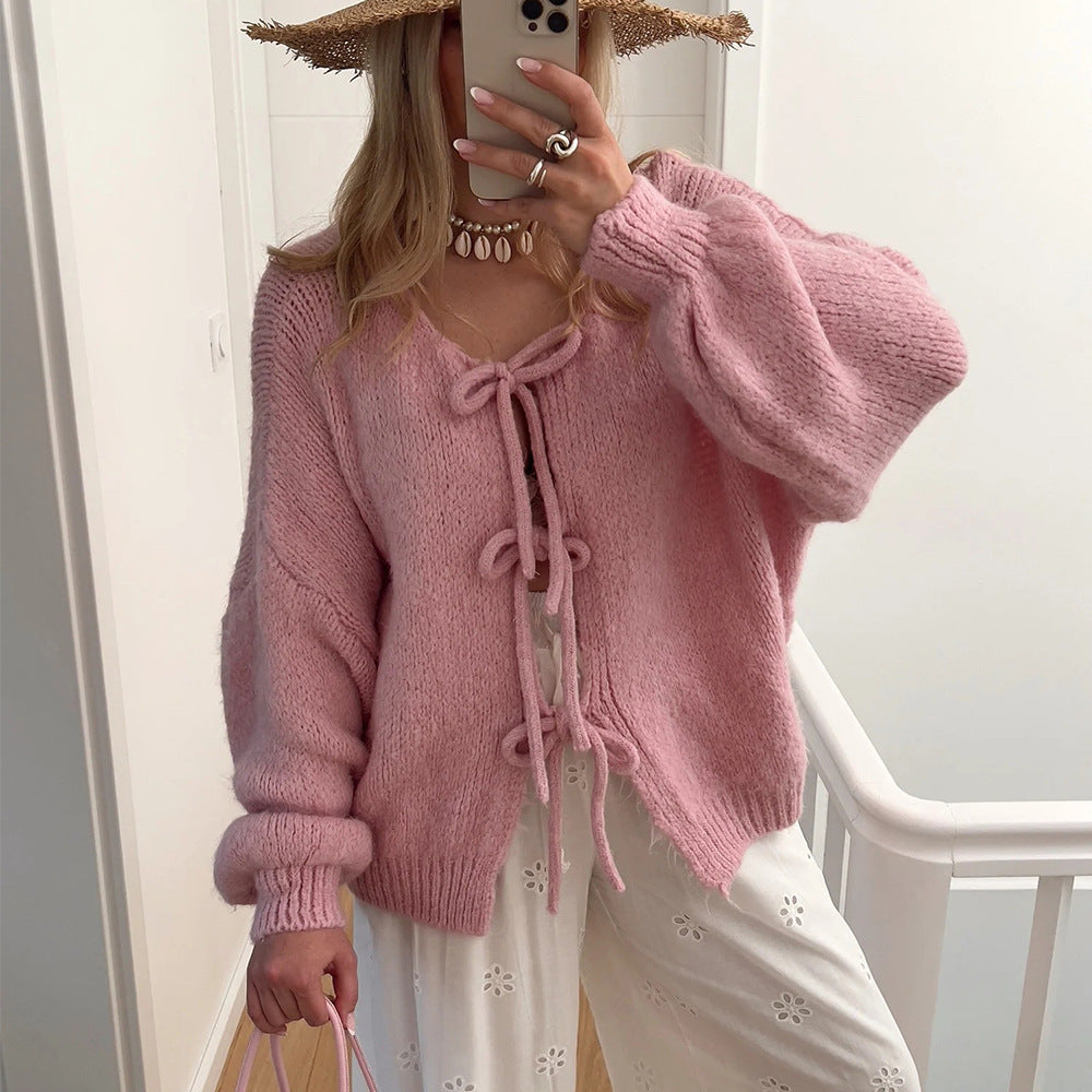 Fashion Round Neck Long Sleeve Top Lace-up Sweater