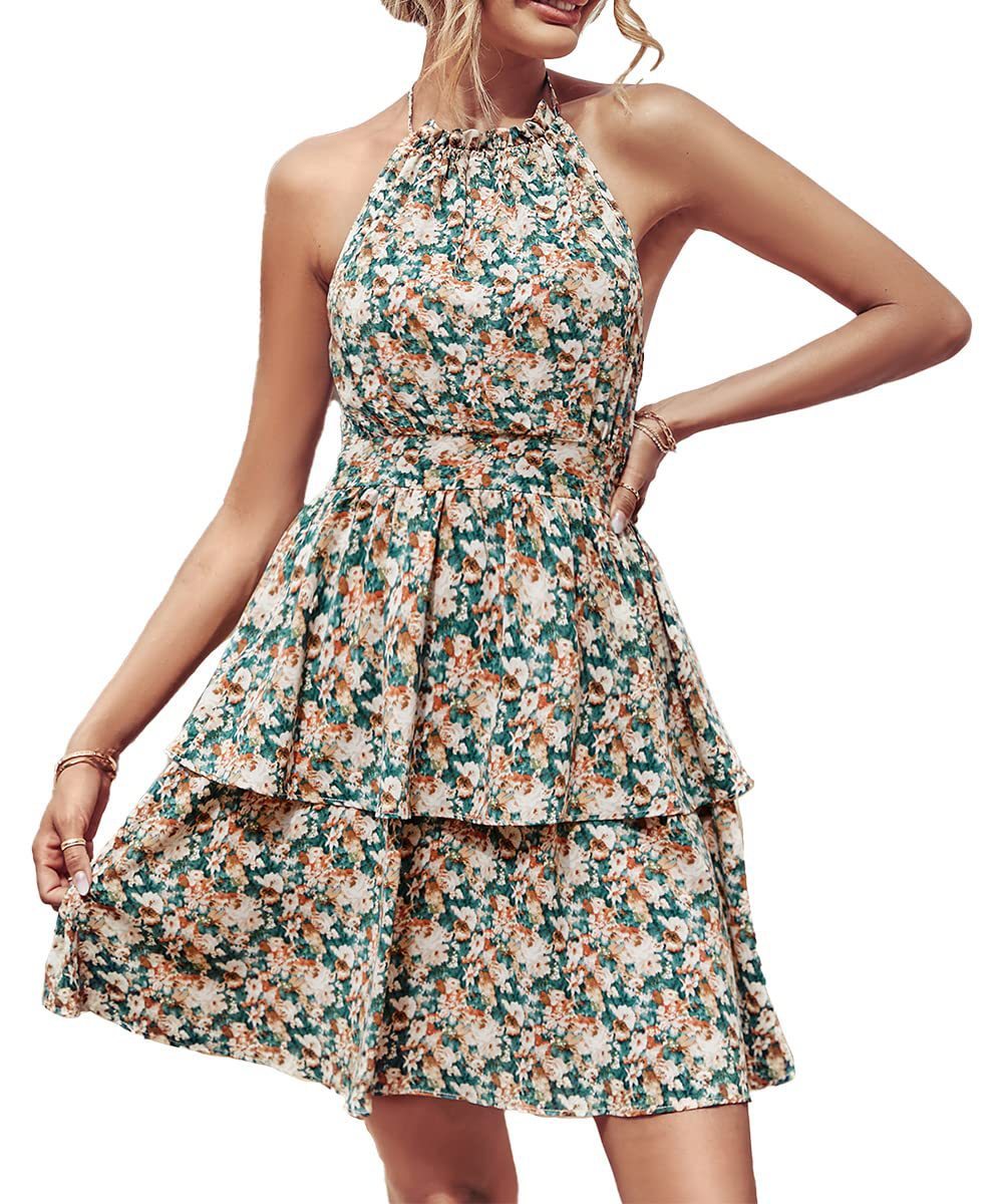 Boho Backless Summer Printed Halter Dress – Ruffled A-Line Beach Style for Women