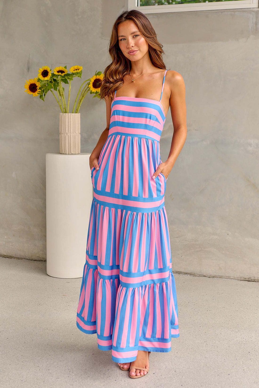 Trendy Striped Printed Suspender Long Dress for Summer | Backless with Pockets and Square Neck