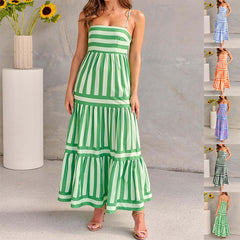 Trendy Striped Printed Suspender Long Dress for Summer | Backless with Pockets and Square Neck