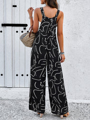 Fashion Print Square Neck Jumpsuit with Pockets – Casual Loose Overalls