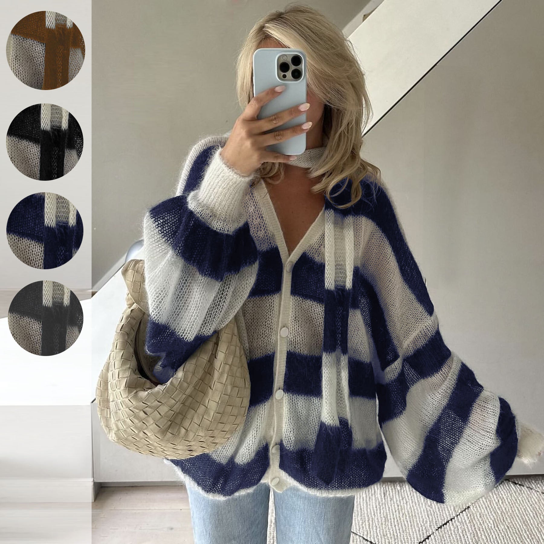 Cozy Loose Striped Sweater Cardigan with Scarf