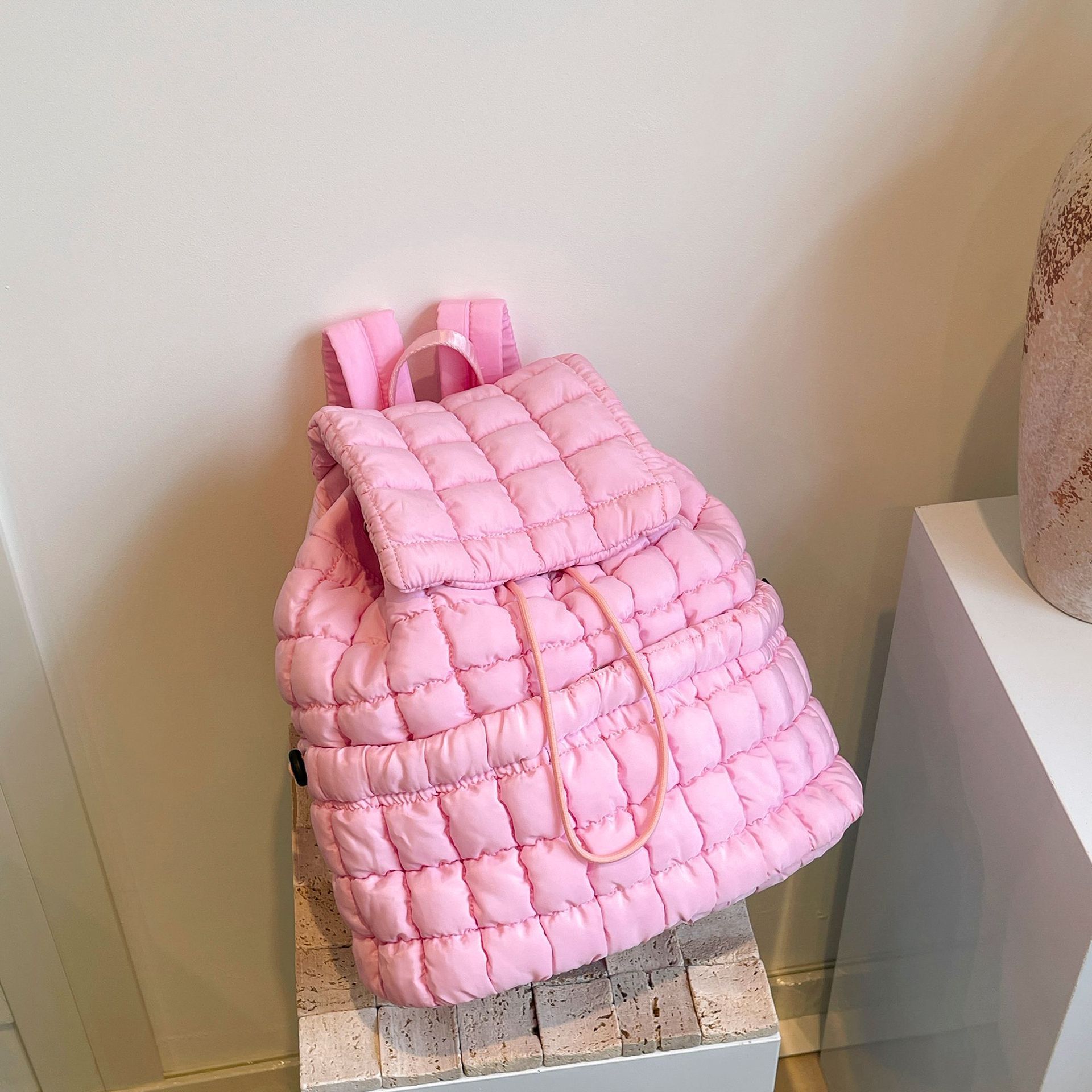 Candy Color Quilted Women’s Backpack: Puffy Down Padded Travel Bag