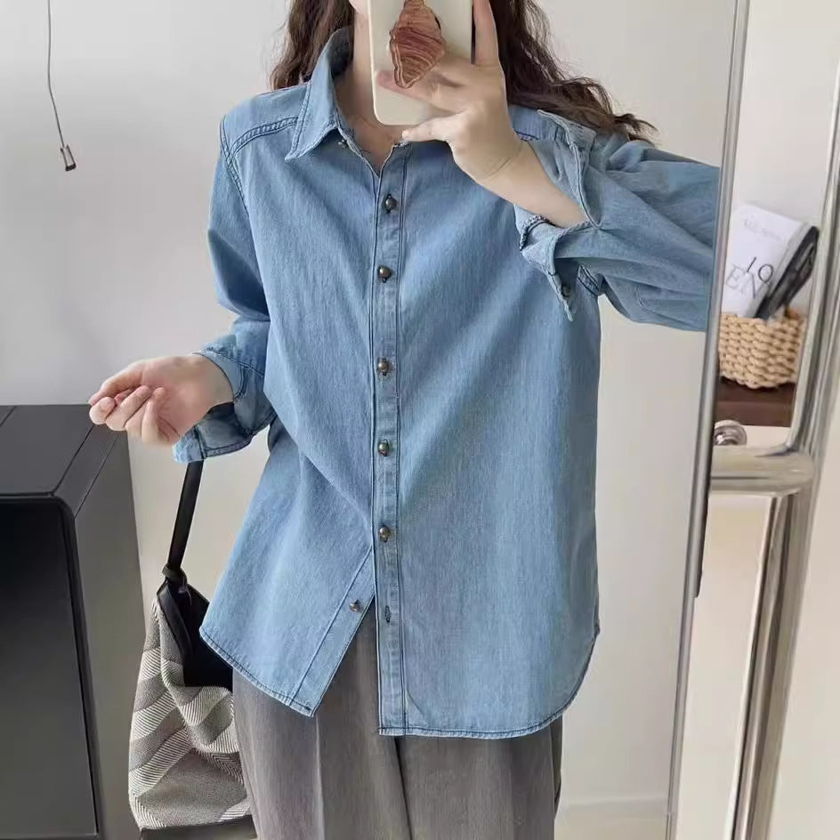 Trendy Blue Denim Long-Sleeve Shirt Jacket for Women