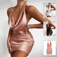 Satin V-Neck Backless Mini Dress – Sleeveless Summer Party Essential