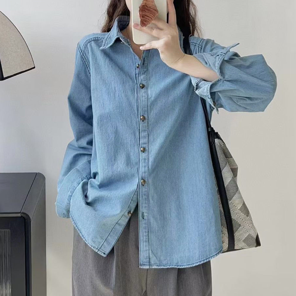 Trendy Blue Denim Long-Sleeve Shirt Jacket for Women