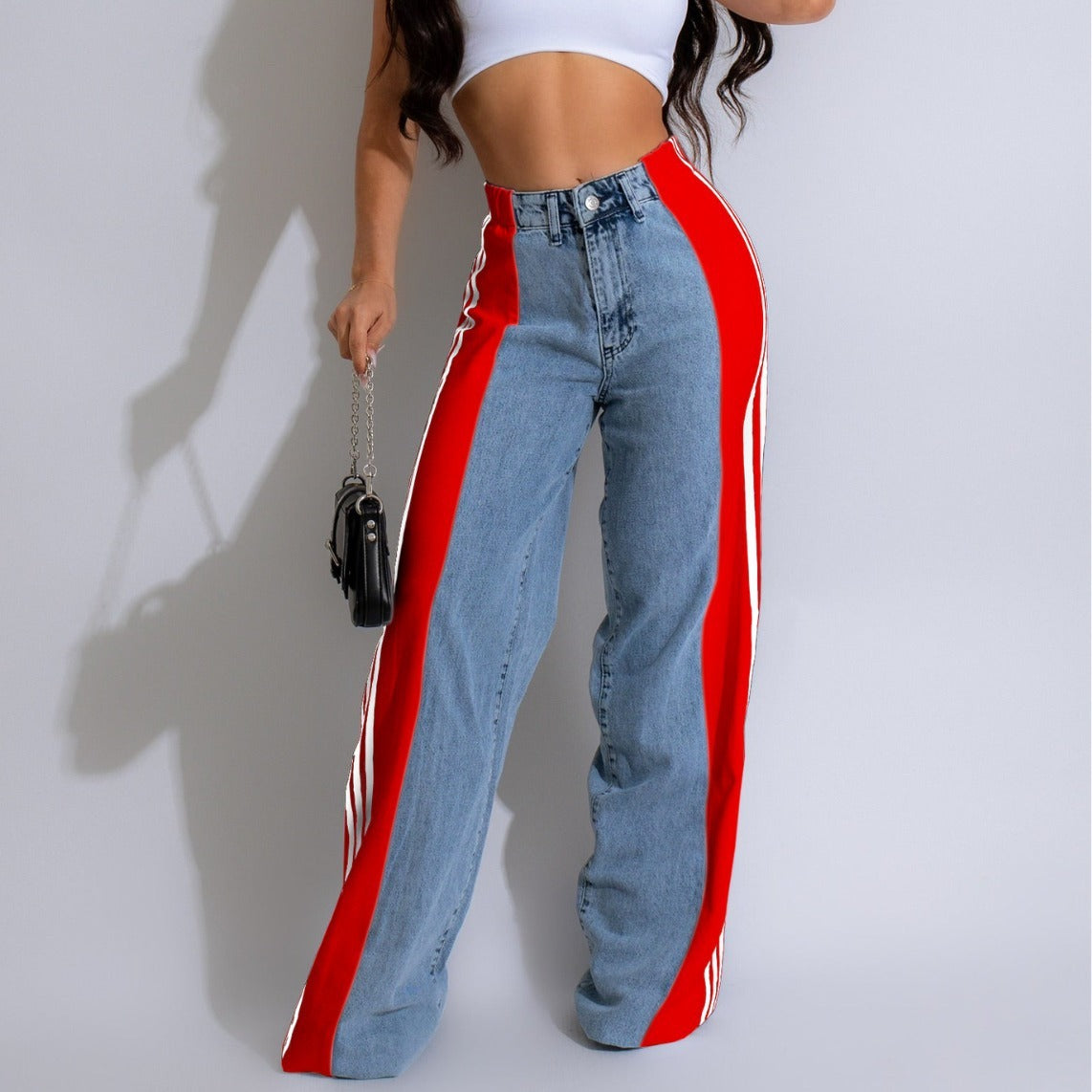 High Waist Straight Leg Denim Trousers: Three Stripe Patchwork Wide Leg Style