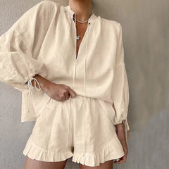 Lace-up Suits Loose V-neck Lantern Sleeve Top And Ruffles Shorts Solid Two-piece Set